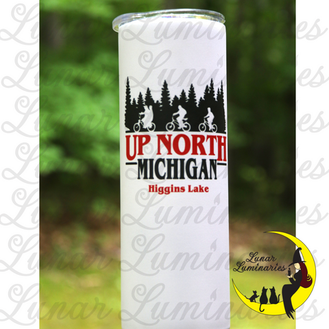 UP NORTH - MICHIGAN - Higgins Lake - Strange Kids on Bikes - 20 oz. Stainless Steel tumbler with lid and straw