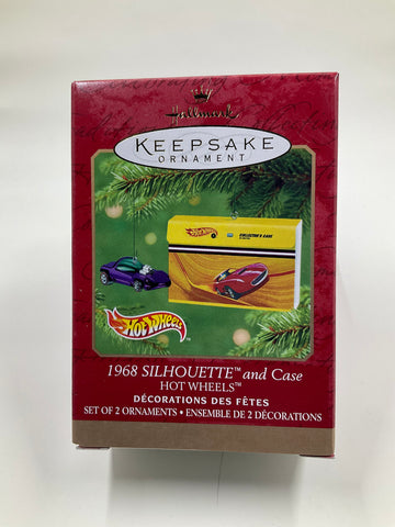 1968 Silhouette and Case, Hot Wheels, set of 2 ornaments, Hallmark Keepsake Ornament dated 2001