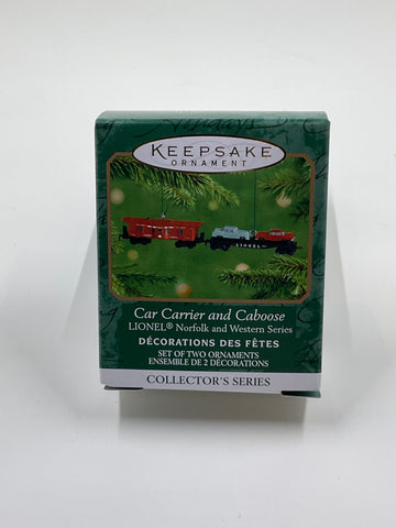 Car Carrier and Caboose, Lionel Norfolk and Western Series, Hallmark Keepsake Ornament Collector’s Series dated 2001, set of 2 miniature ornaments